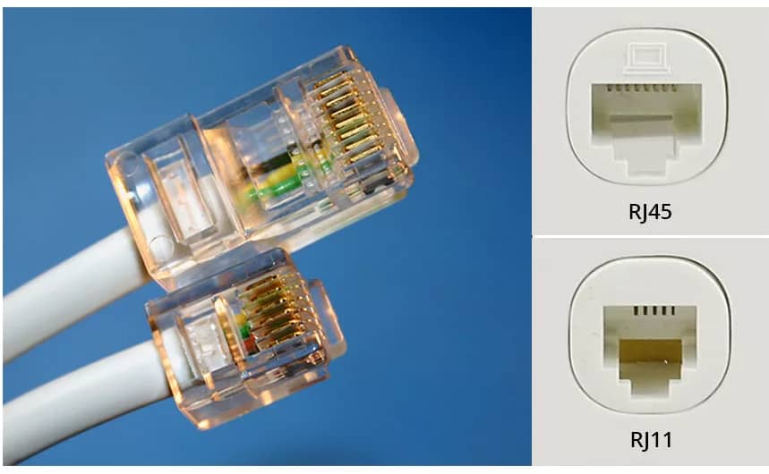 Diagrama comparativo de conectores RJ11 vs RJ45, mostrando las diferencias clave en su tamaño y número de pines.