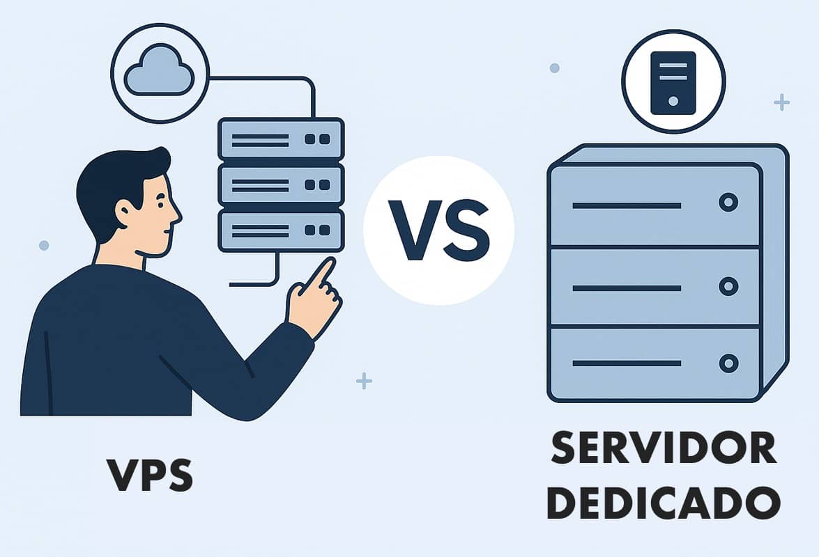 Ilustración que muestra la diferencia entre servidor virtual y dedicado. Se ve un hombre interactuando con un VPS y a la derecha un servidor dedicado.