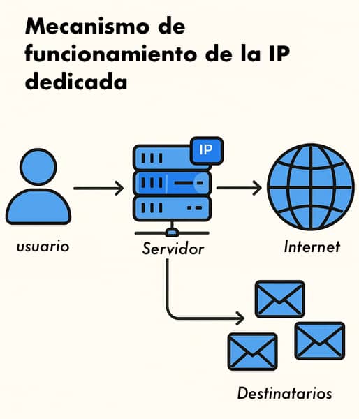 Diagrama que ilustra el funcionamiento de una IP dedicada: Un usuario se conecta a un servidor que tiene asignada una IP única para acceder a internet y enviar datos a destinatarios.
