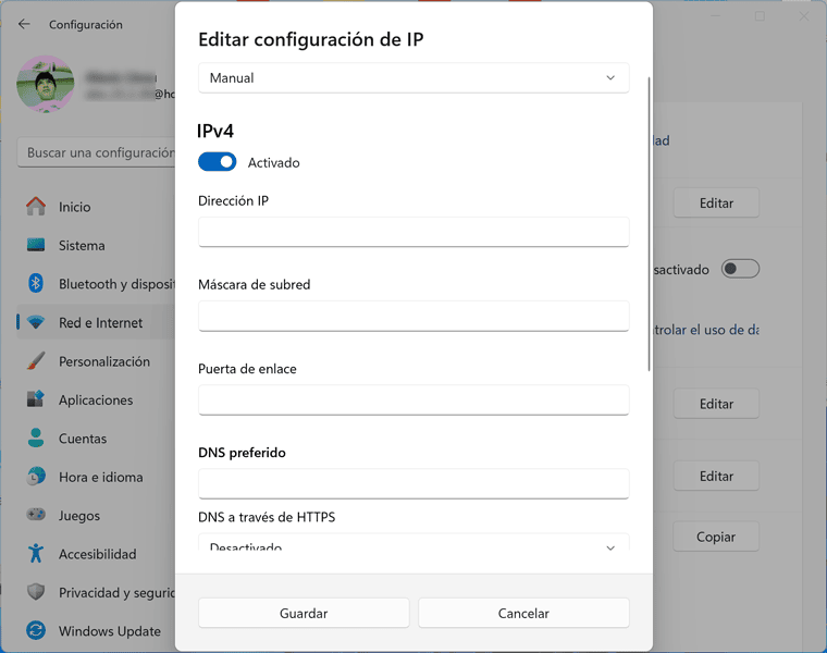 Panel de "Editar configuración de IP" en Windows 11, listo para cambiar la dirección IP de forma manual en la sección IPv4.