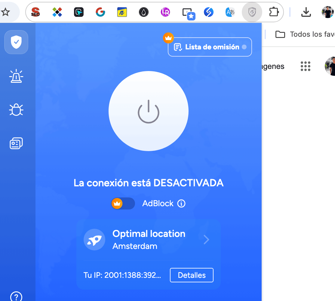 Interfaz de una extensión de navegador para cambiar dirección IP, mostrando el botón de conexión y la ubicación del servidor.