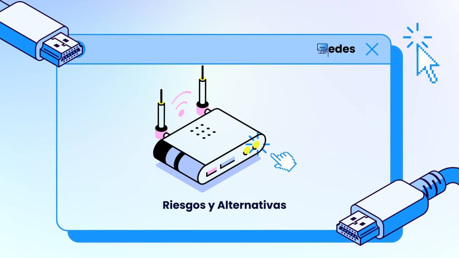 Ilustración de un router Wi-Fi con un cursor apuntando al botón WPS, explicando los riesgos y alternativas de esta conexión.