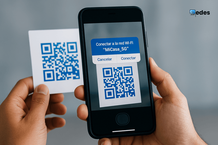 Ejemplo de cómo conectar un dispositivo a la red WiFi escaneando un código QR.