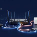 Router moderno con puerto USB brillante, conectado a almacenamiento, impresora y módem, representando para qué sirve el puerto USB del router.