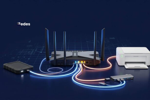 Router moderno con puerto USB brillante, conectado a almacenamiento, impresora y módem, representando para qué sirve el puerto USB del router.